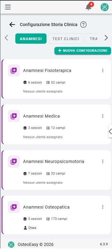 Anamnesi, test clinici e schede trattamento personalizzabili